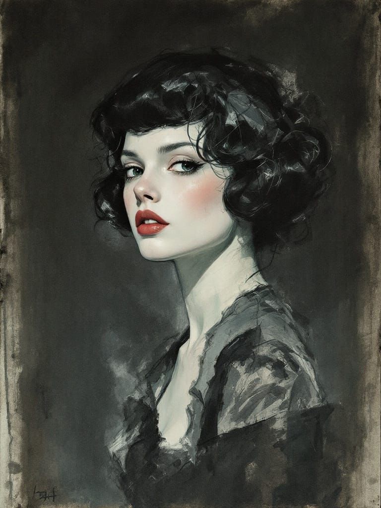 Moody Pin-Up Portrait in Pastel-Charcoal Sketch Style