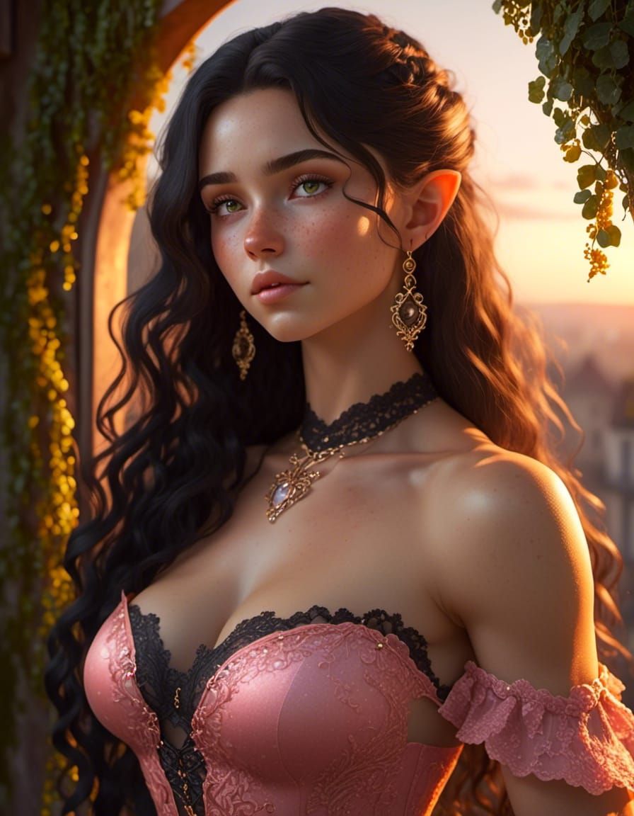Freckled Woman in Pink Dress on Balcony at Sunrise