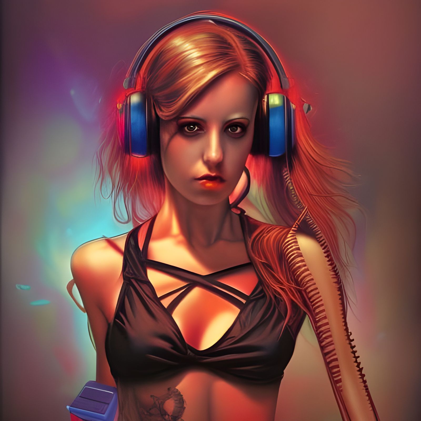 Cyberpunk DJ Girl with Tattoos in Comic Book Style