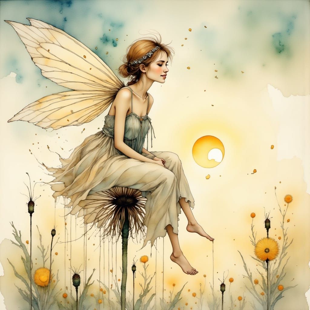 Whimsical Fairy Sits atop Giant Dandelion in Dreamy Watercol...