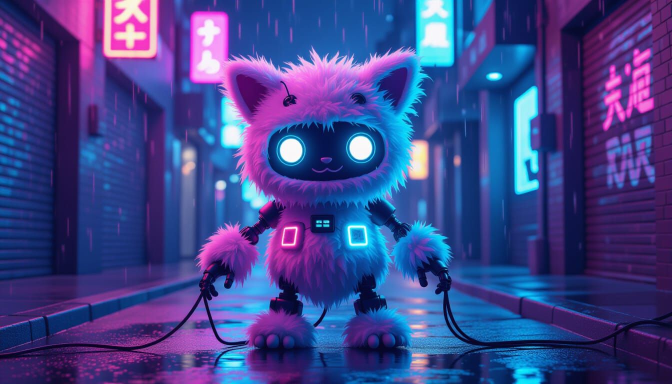 Plush Creature Fused with Wires & Neon in Rainy Alley