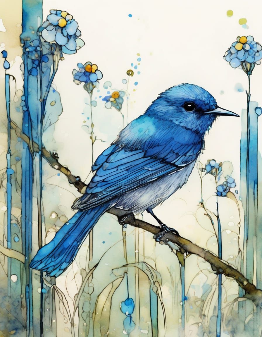 Blue Wildflower Close-Up: Liquid Ink Watercolor Illustration