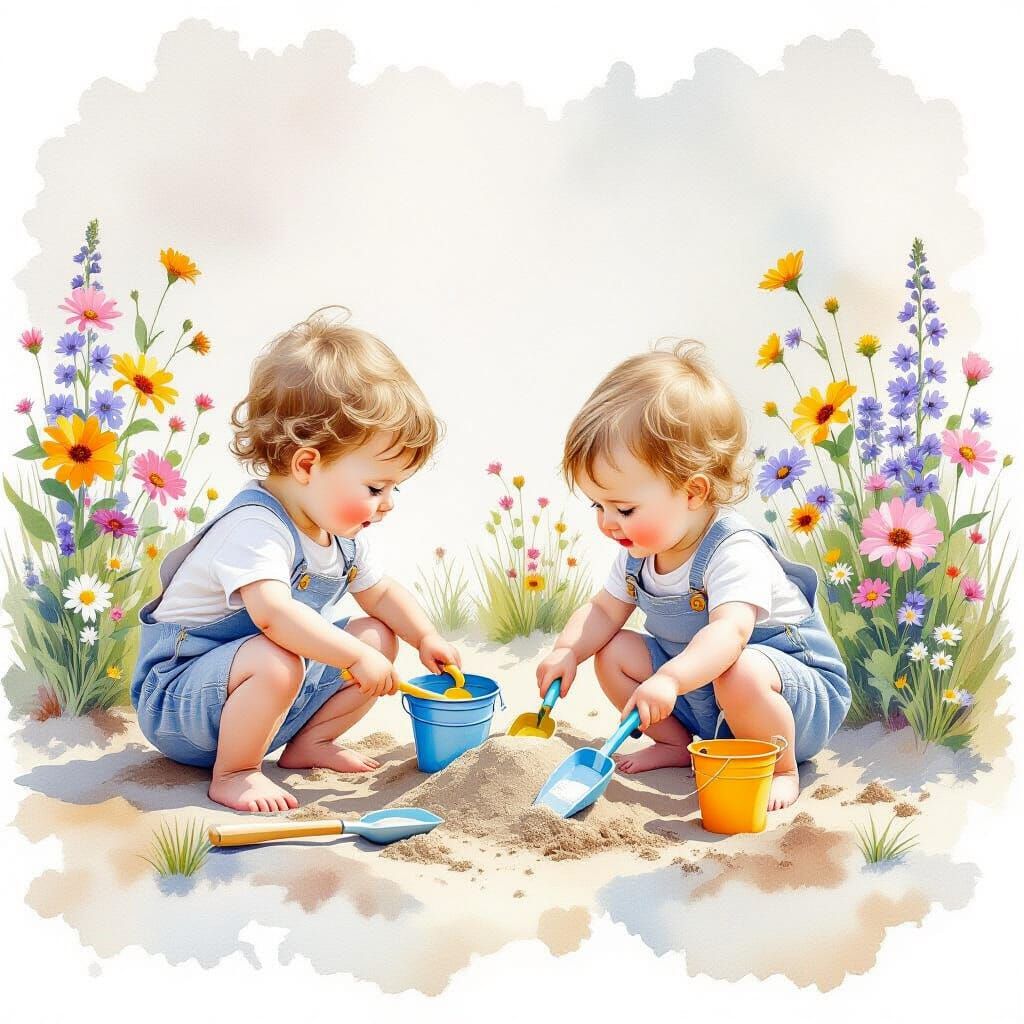 Ethereal Watercolour of Siblings Building Sandcastles with F...