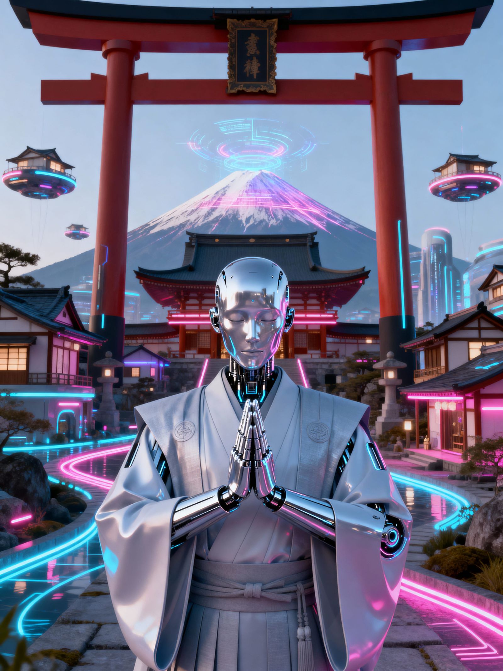Futuristic Shinto Temple with Android Priest