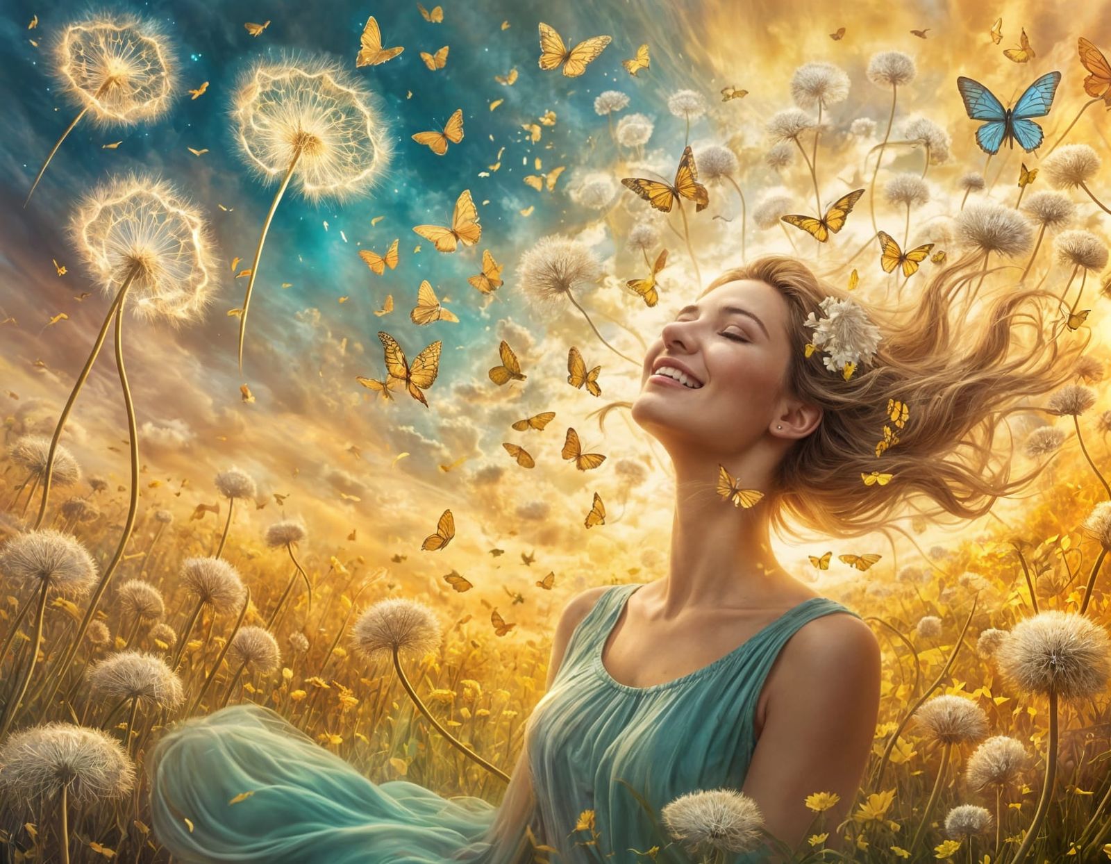Dreamlike Fantasy: Woman Amid Giant Dandelions