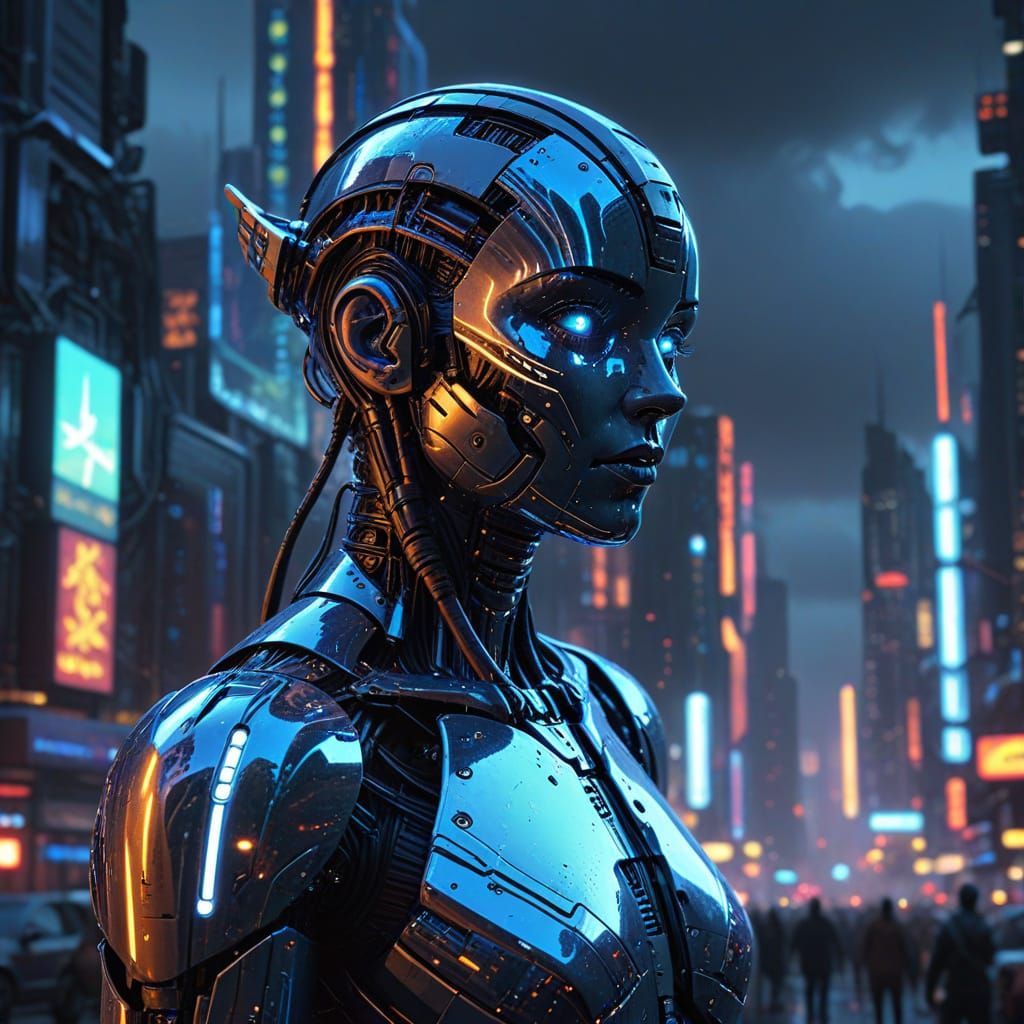 Cybernetic Robot soars Above Futuristic Cityscape