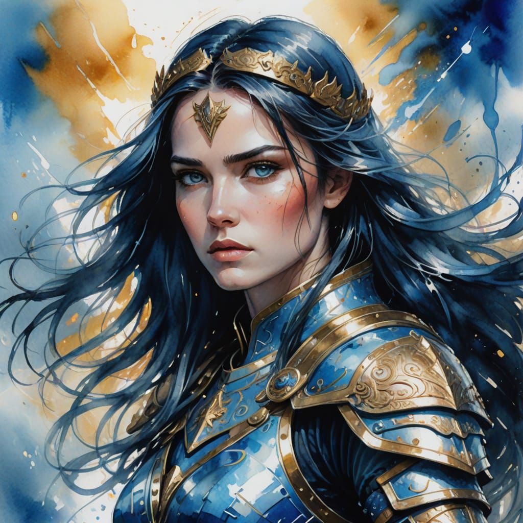 Modern Warrior Princess in Ethereal Watercolor Portrait