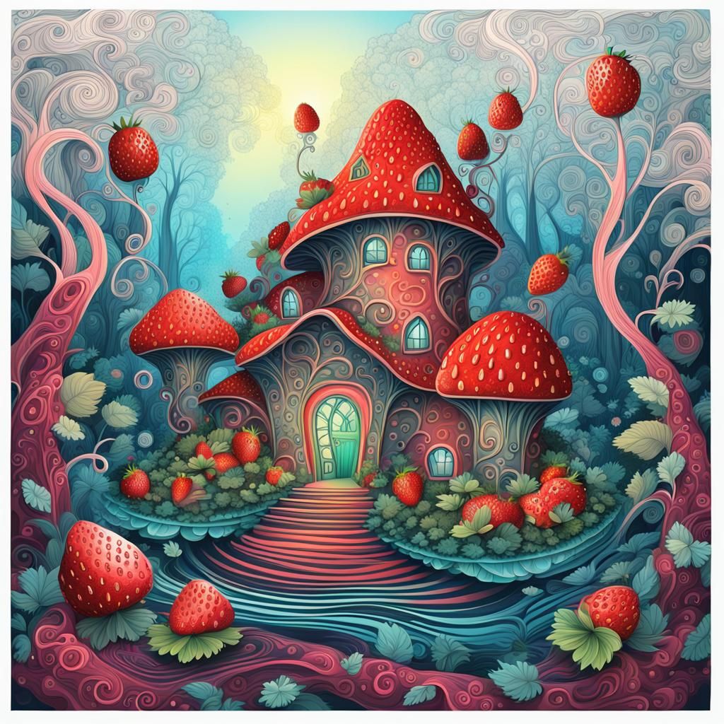 Fairy Strawberry House in Bioluminescent Forest