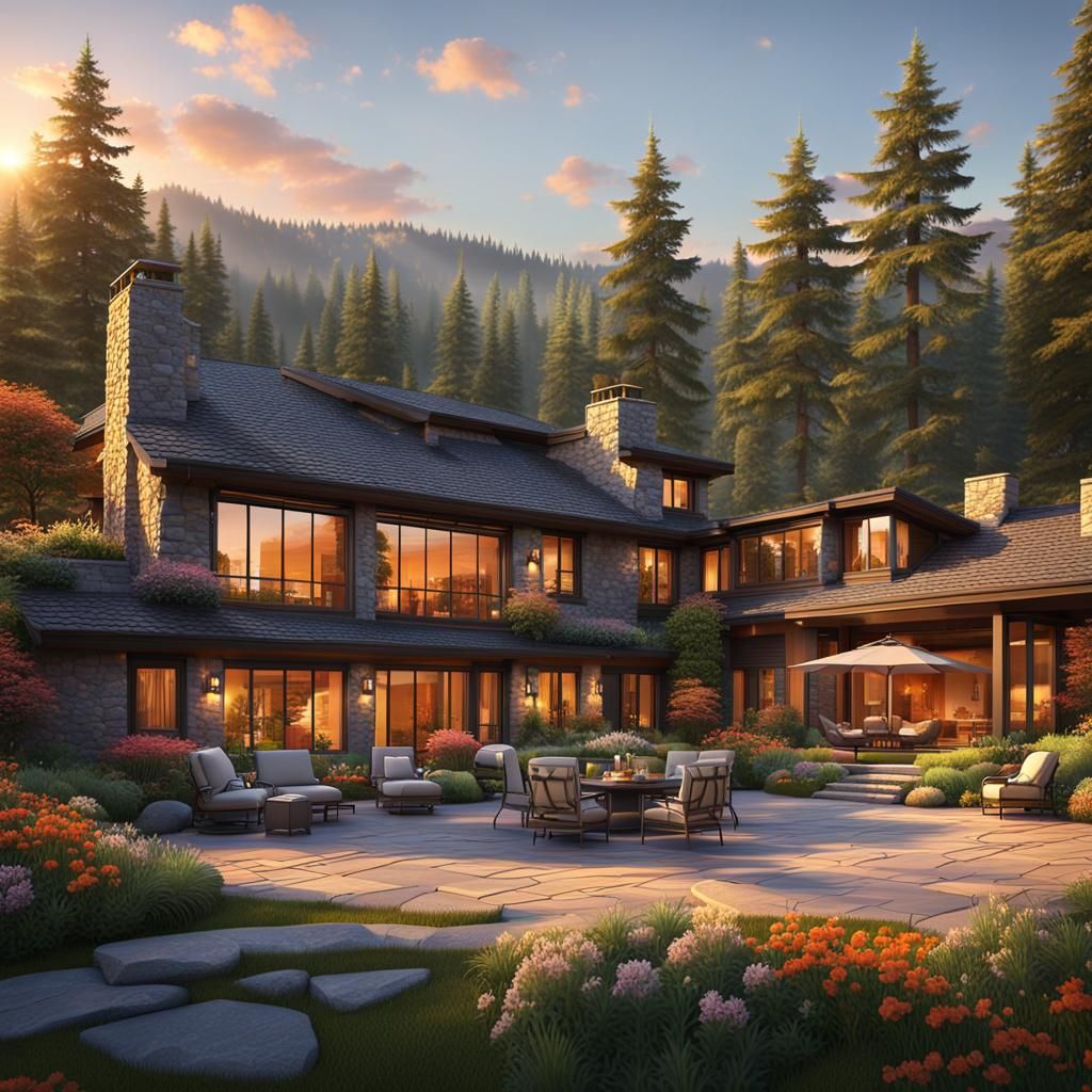 Animated Mountain Home in Forest at Sunset