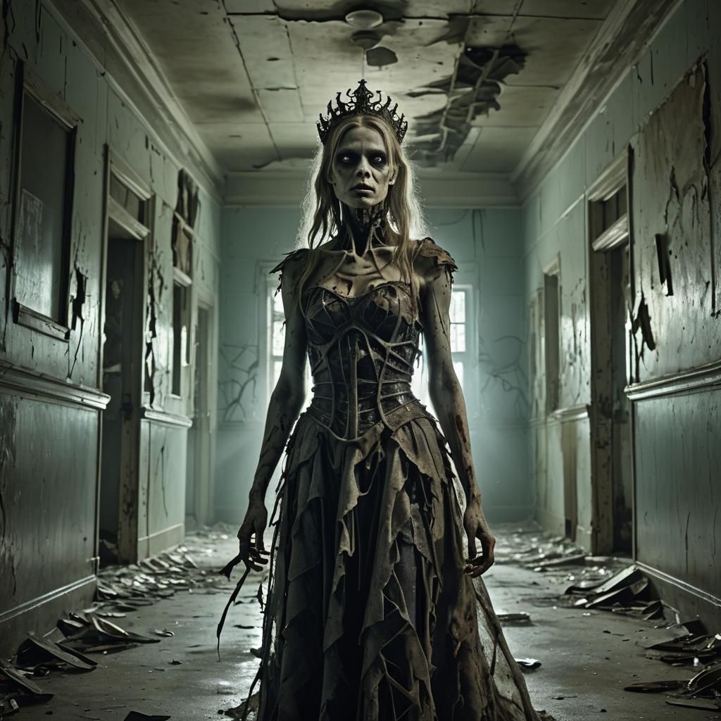 Zombie Prom Queen in Surreal Horror Setting