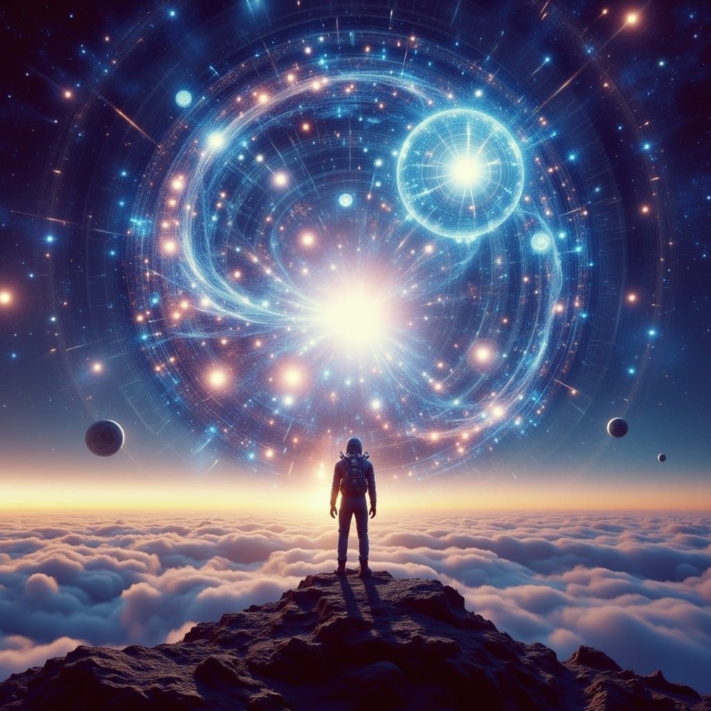 Astronaut at the Edge of the Cosmos, Beckoned by a Glowing N...
