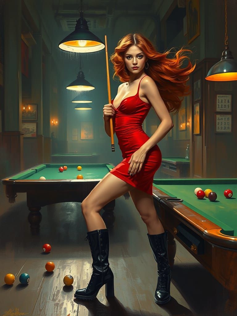 Confident Woman in Pool Hall with Impasto and Pulp Lighting