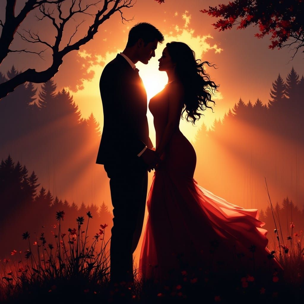 Forbidden Romance Silhouettes in Intricate Fantasy Landscape