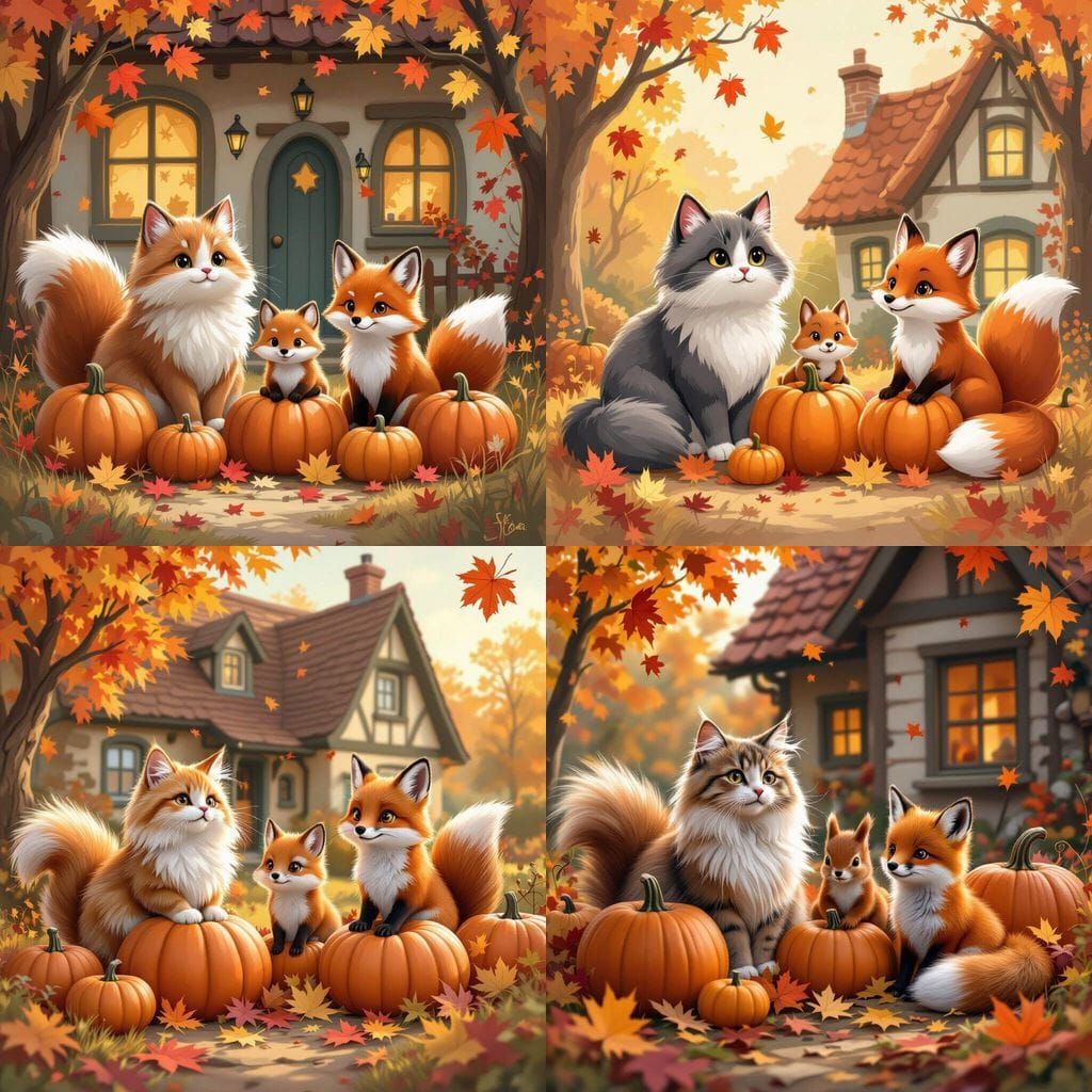 Cozy Autumn Cottage Scene with Animals and Pumpkins