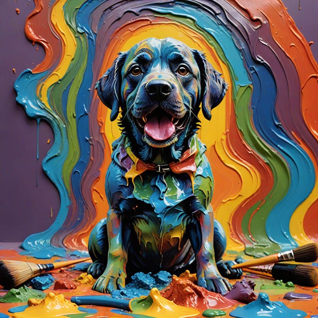 Epic Dog Holds Art Brushes in His Mouth, a Psychedelic Maste...