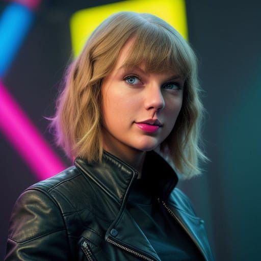 Taylor Swift in Hyperrealistic Leather Jacket Portrait