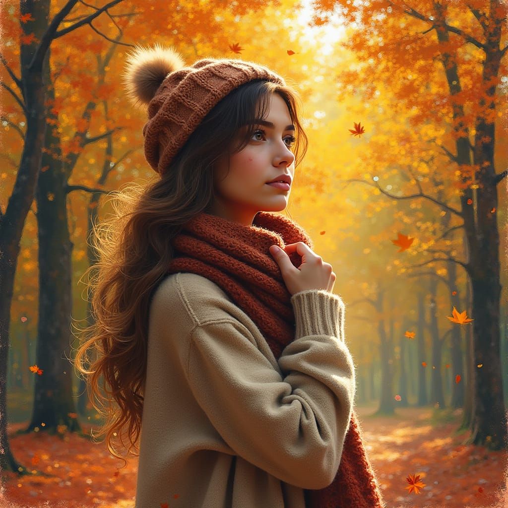 Impressionist Woman in Autumn Forest