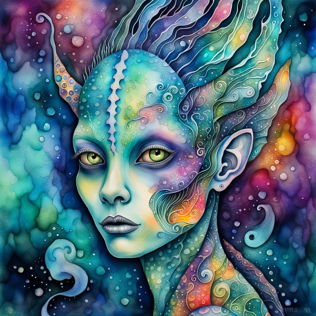 Mystical Alien Portrait in Watercolor and Ink