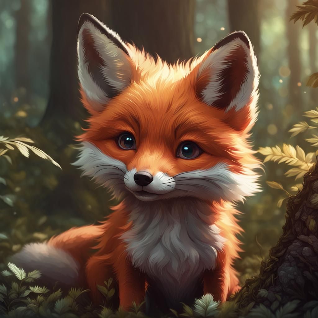 Cute Baby Fox Portrait in Hyperdetailed Style