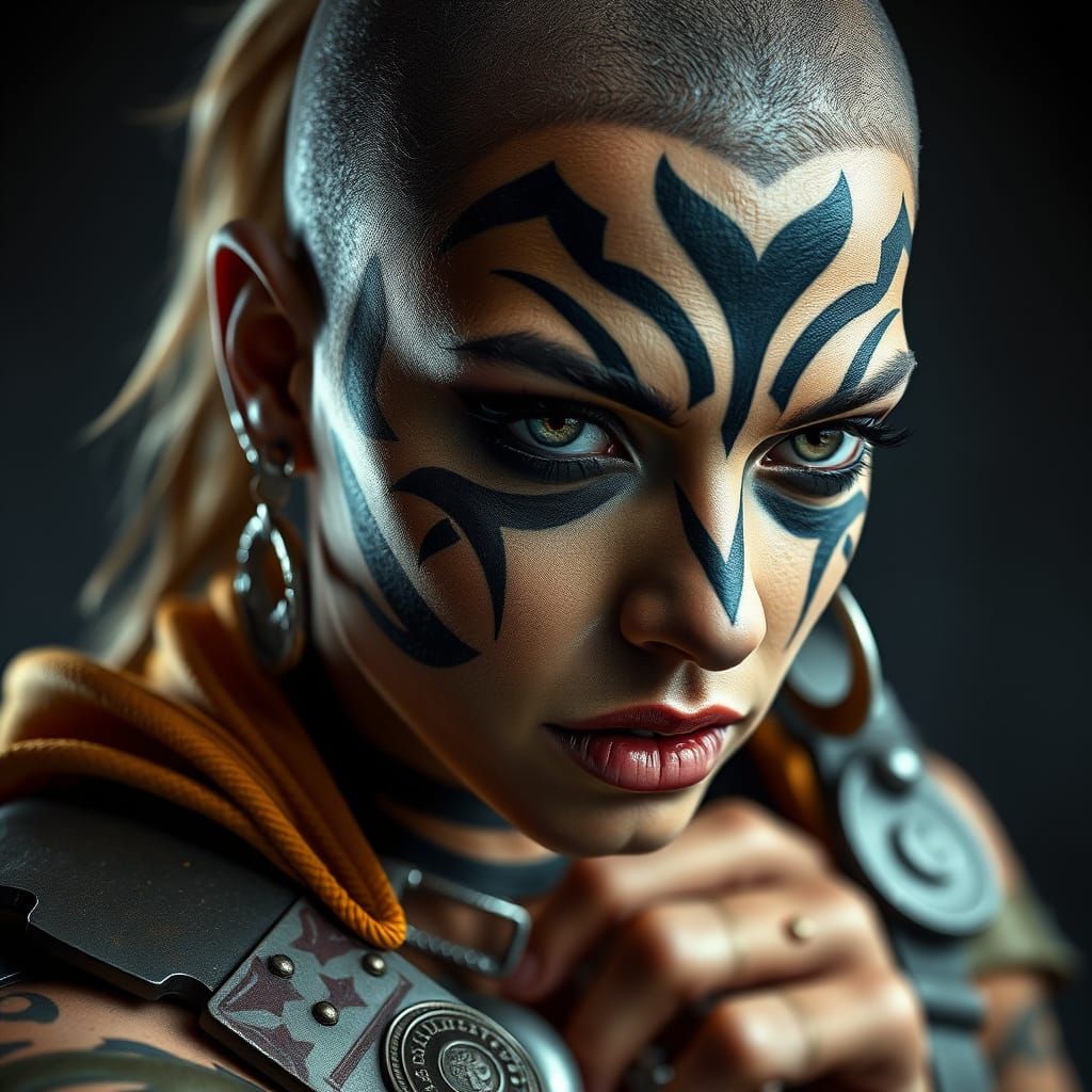 Cyberpunk Warrior with Tribal Tattoos and Armor