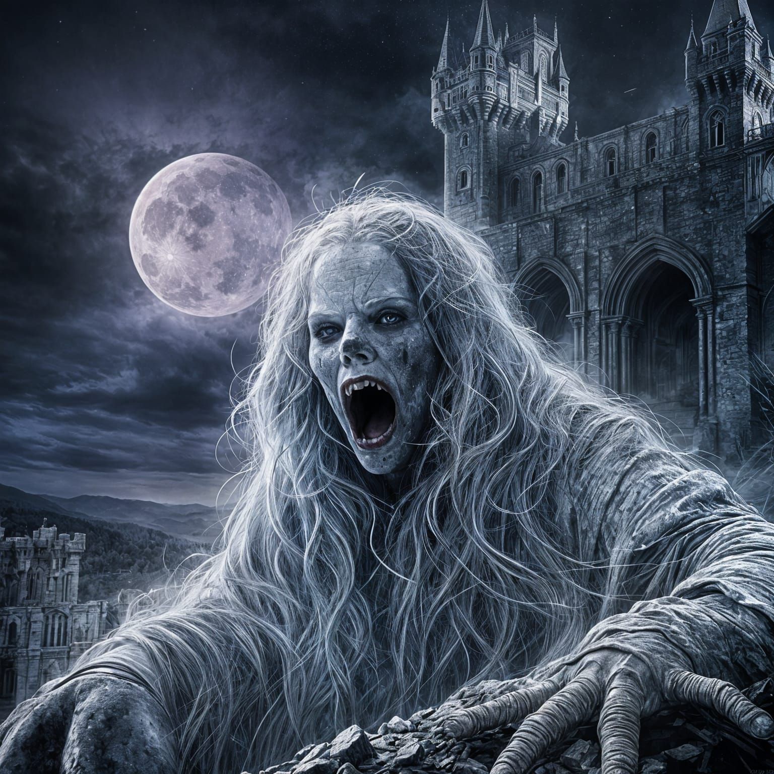 Ghostly Encounter in a Haunted Castle at Midnight