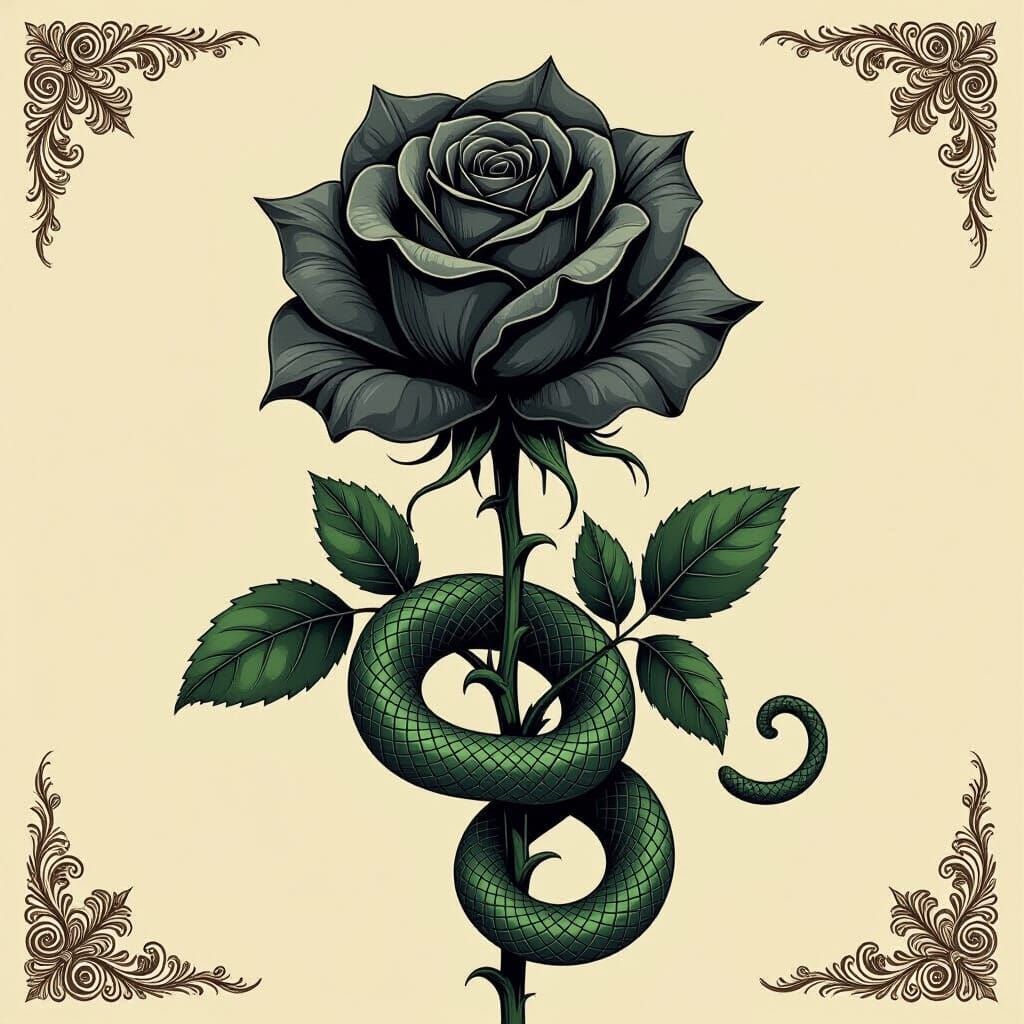 Gothic Rose with Green Snake in Sepia Tones