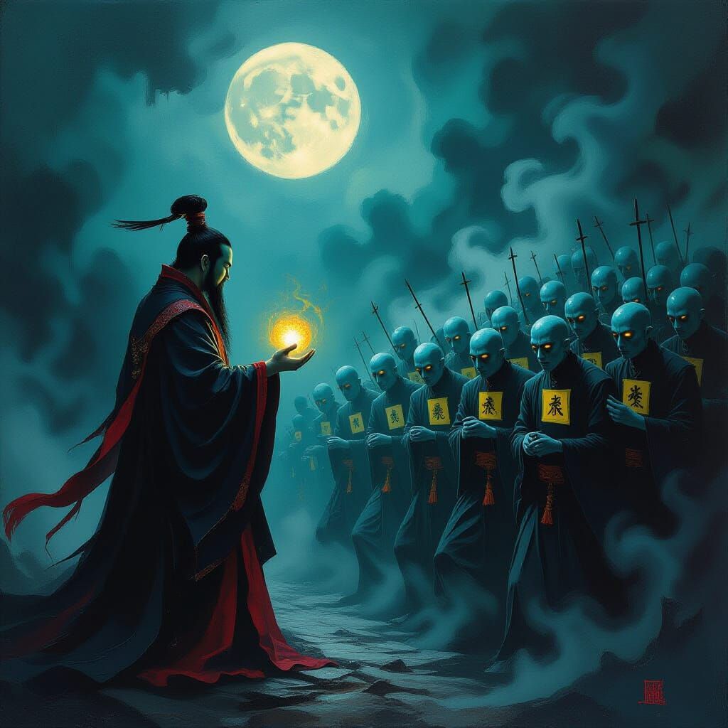 Dark Fantasy Priest Confronts Jiangshi Horde in Impasto Styl...