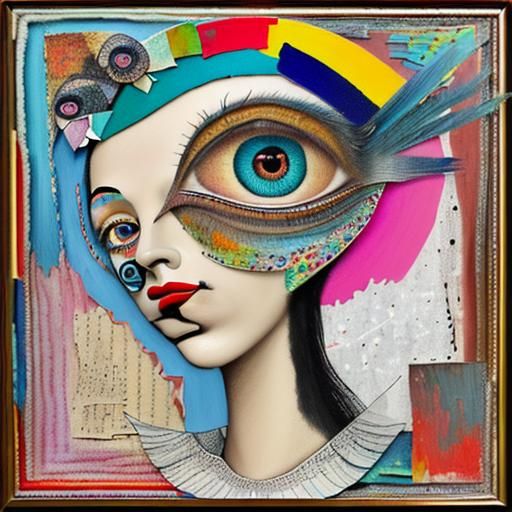 Vibrant Bird Portrait in Folk Art Collage Style