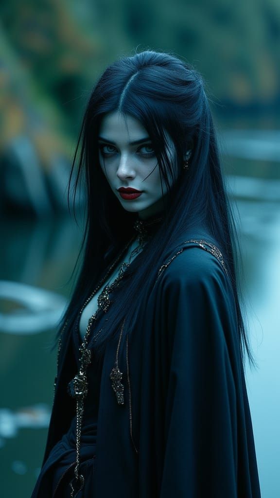 Pirate Sorceress Summoning Lightning Over Lake At Night