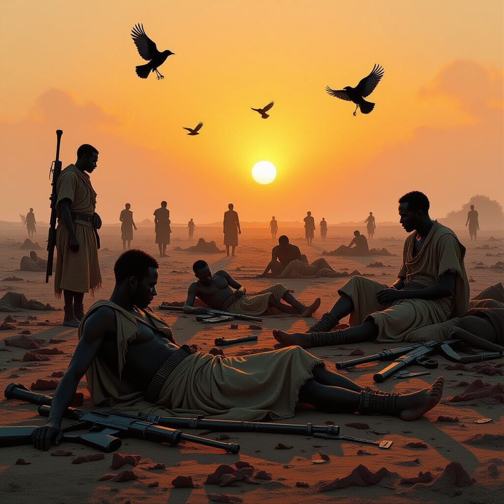 African Battlefield at Dawn in Somber Realism
