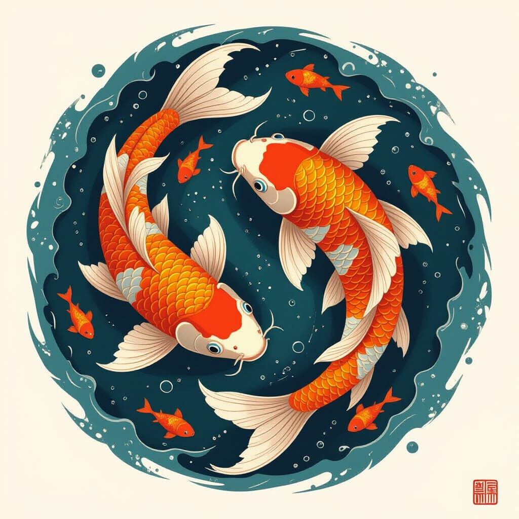 Koi Fish Yin-Yang in Dark Swirling Water