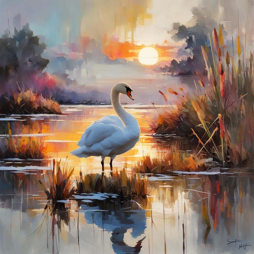 Double Exposure Sunset with Swan and Bullrushes in Impressio...