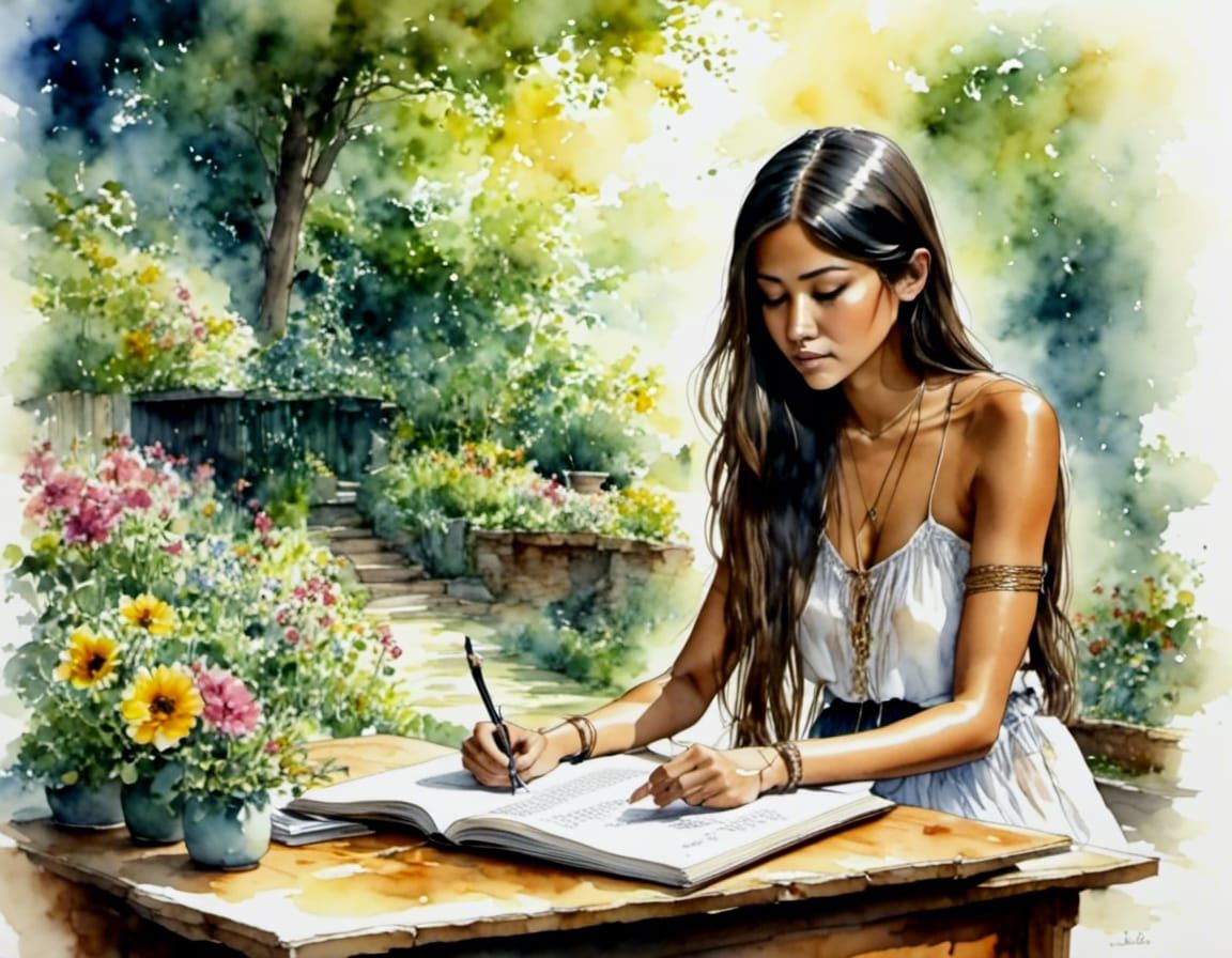 Watercolor Painting of Woman Writing Poetry Outdoors
