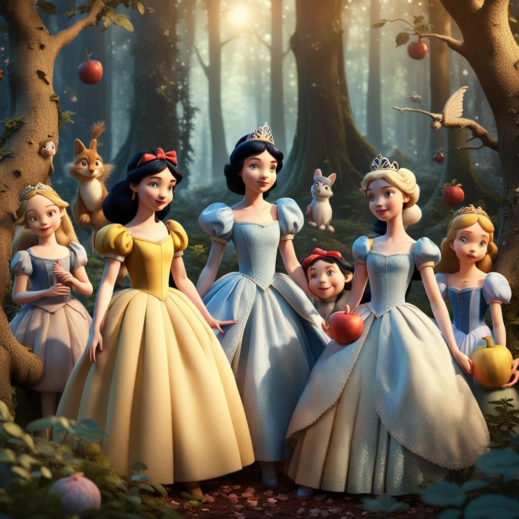 Princesses Unite in Whimsical 3D Forest Scene