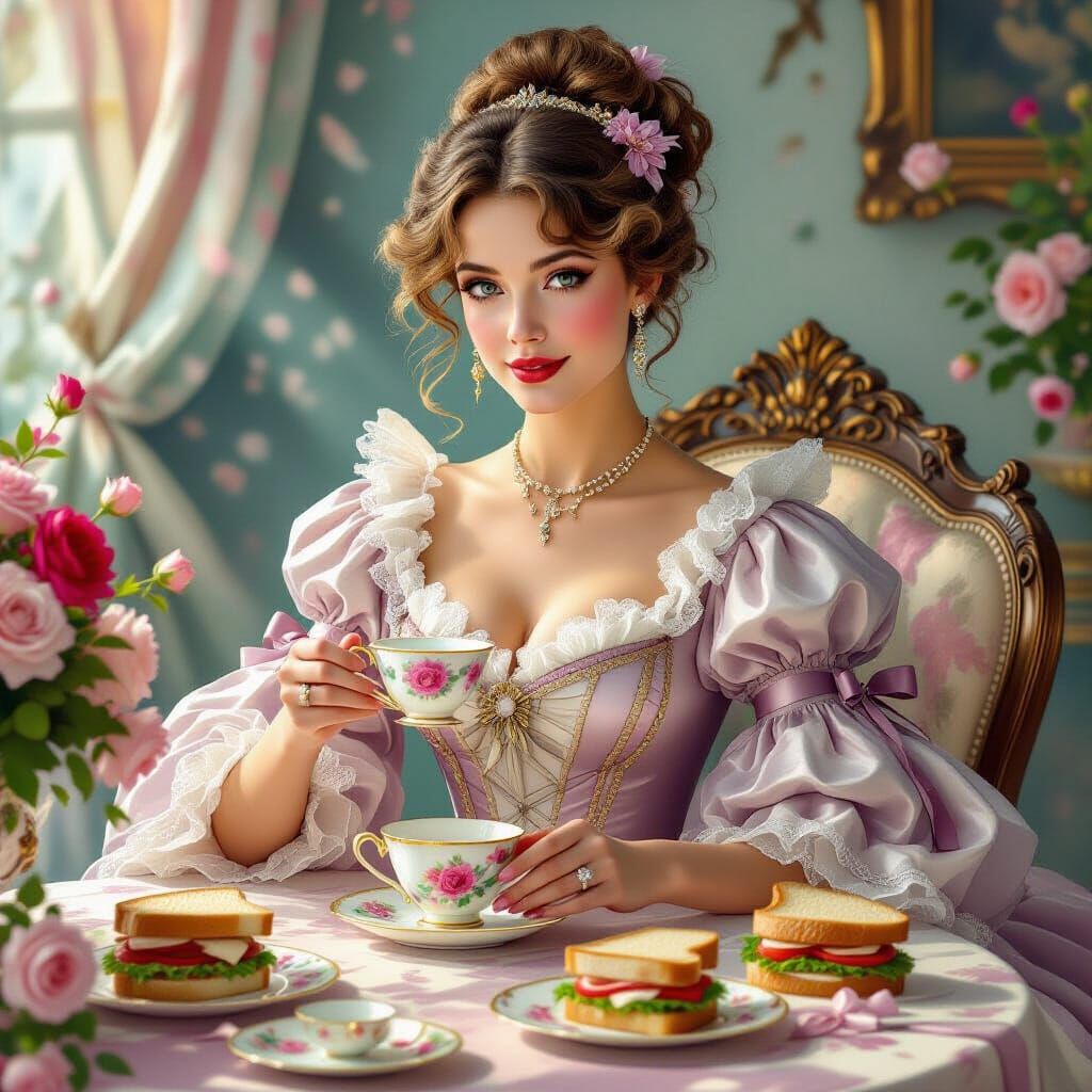 Victorian Woman with Teacup, Fantastical Sandwiches, Etherea...