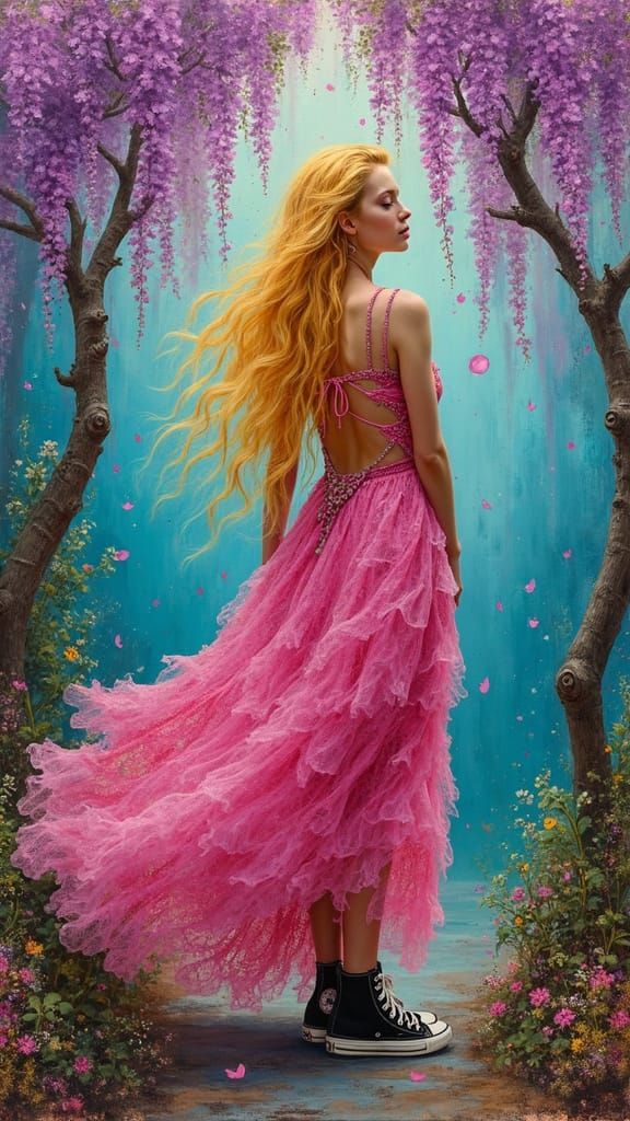 Create a whimsical grunge scene with a gypsy fairy shaman in a colorful pink lacy gown and low top black Converse shoes....