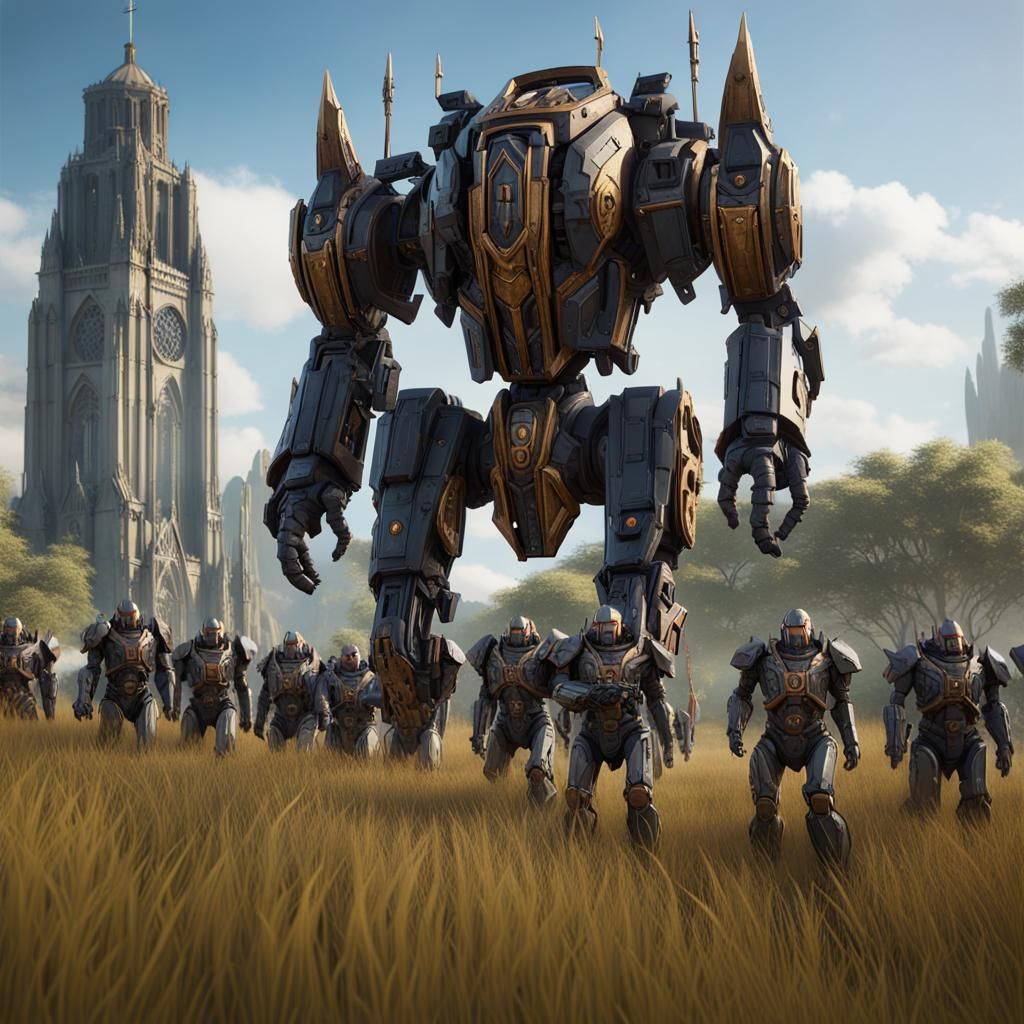 Walking Cathedral Mech Between Crusaders, Unreal Engine