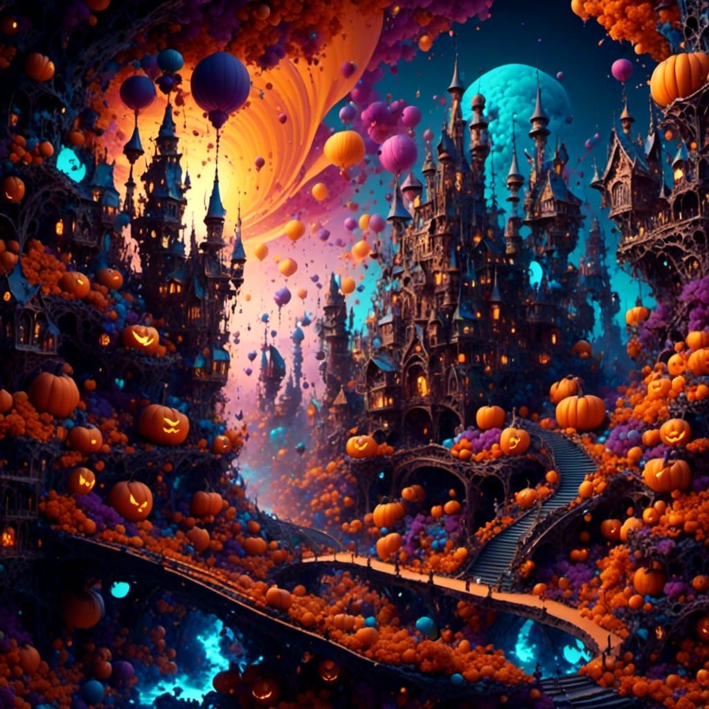 Halloween City with Abstract Fractal Elements