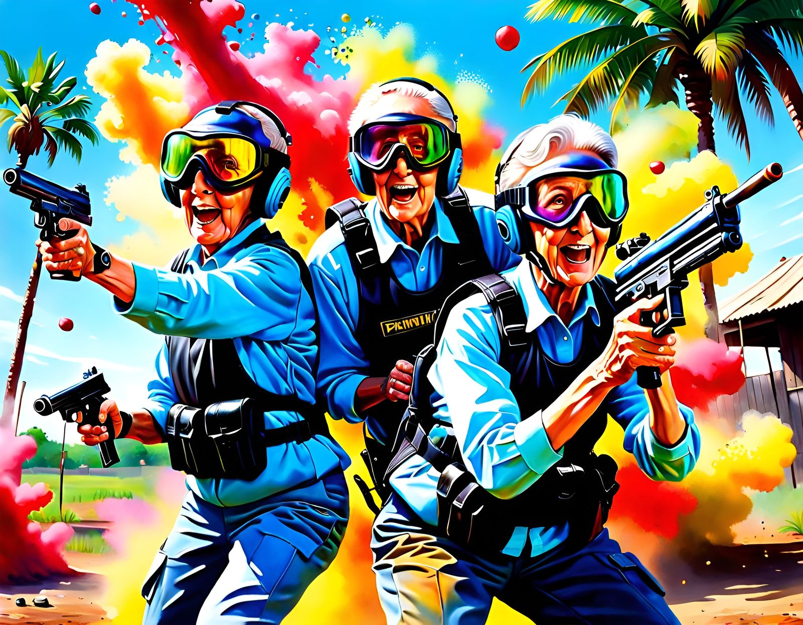 Octogenarian Couple's Paintball Fun: An Oil Painting
