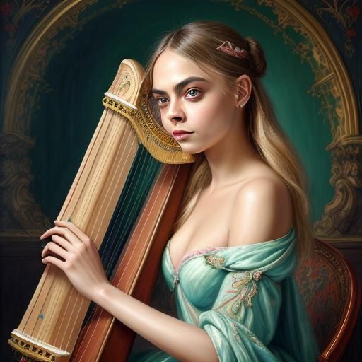 Cara Delevingne Playing Harp in Fantasy Art Style