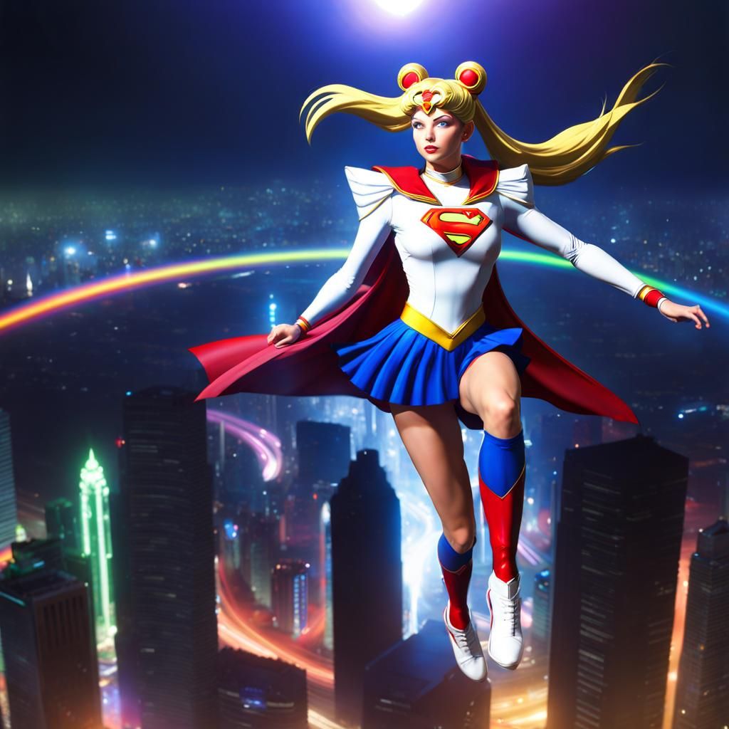 Sailor Moon/Supergirl Fusion Flying Over Metropolis