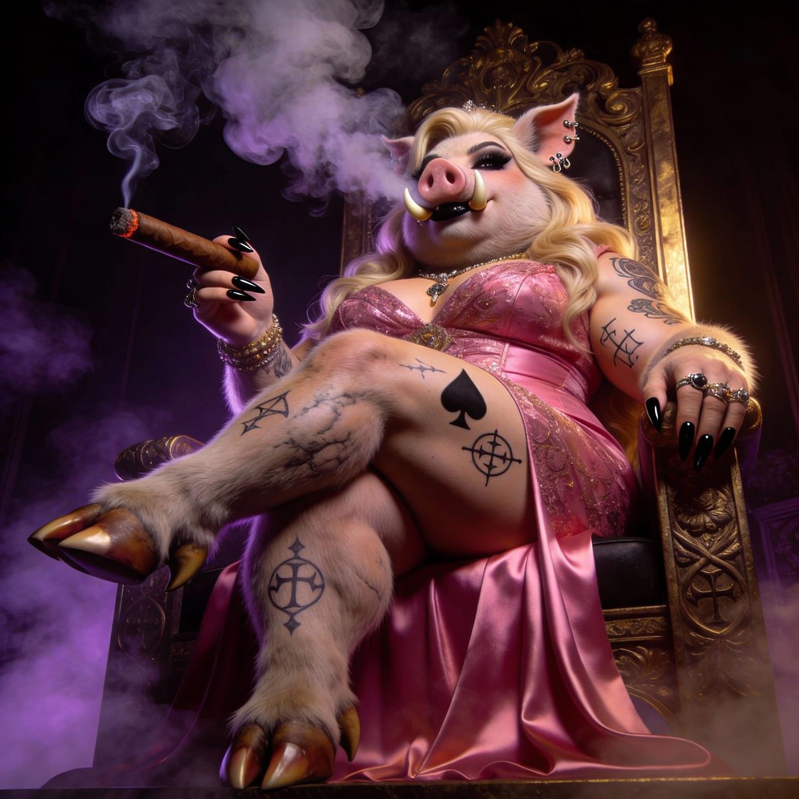 Pig Princess on Throne in Dark Fantasy