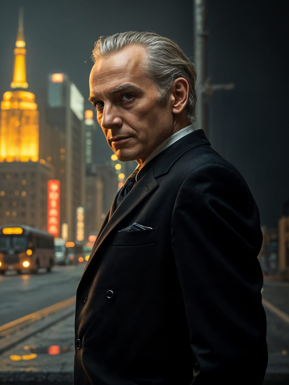 Elegant Cyborg Gentleman in Dystopian Cyberpunk Setting