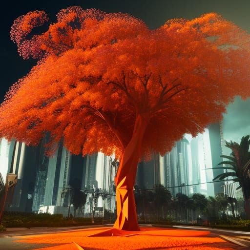 Cyberpunk Origami Tree with Jacaranda in Cityscape