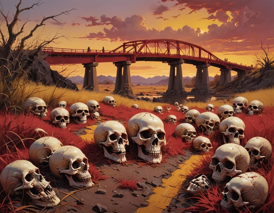 Crimson Bridge and Skulls in Hyper-Realistic Style