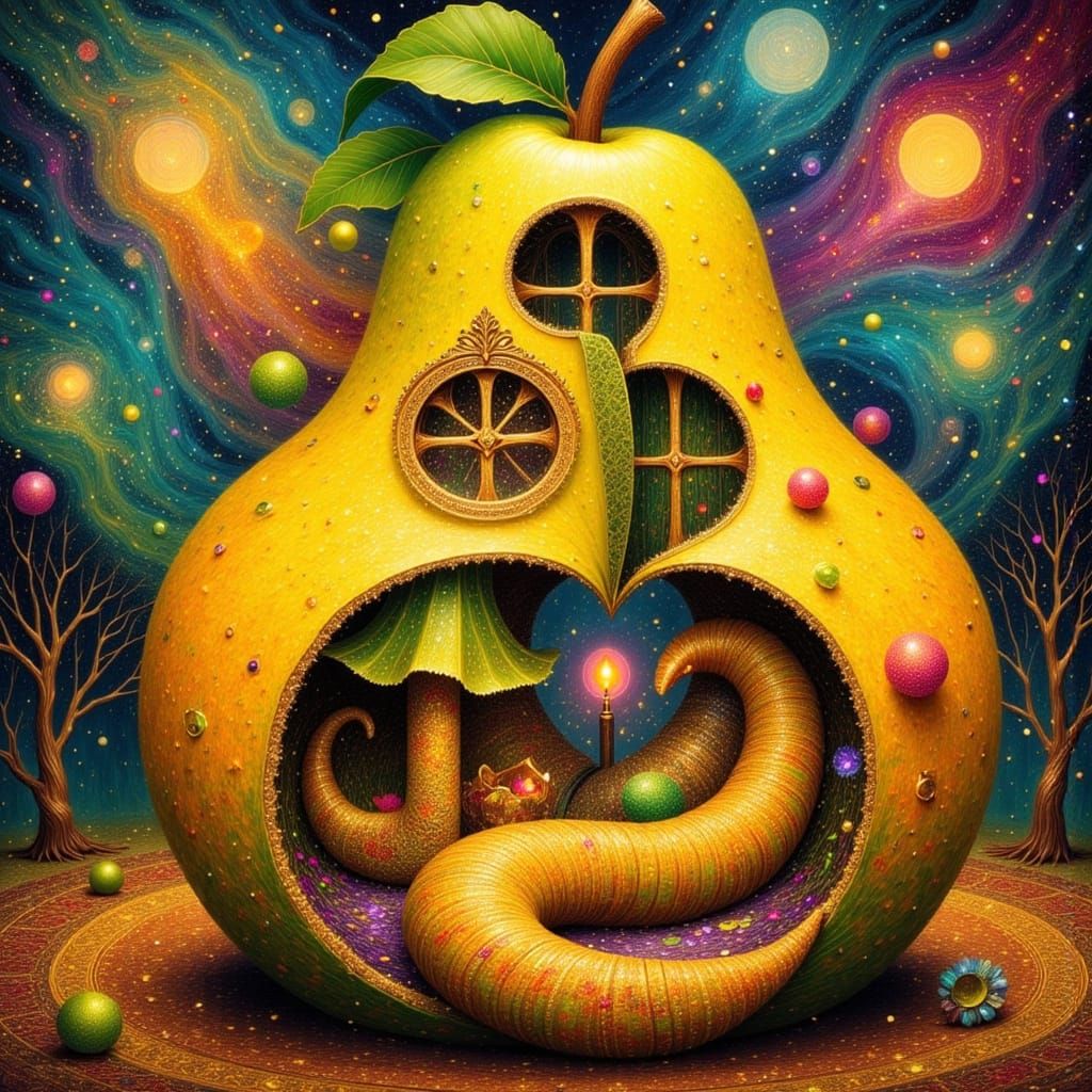 Whimsical Pear House with Worm Family, Surreal Dreamscape