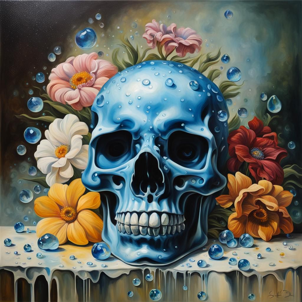 Crystal Skull with Dew Drops in Surrealist Style