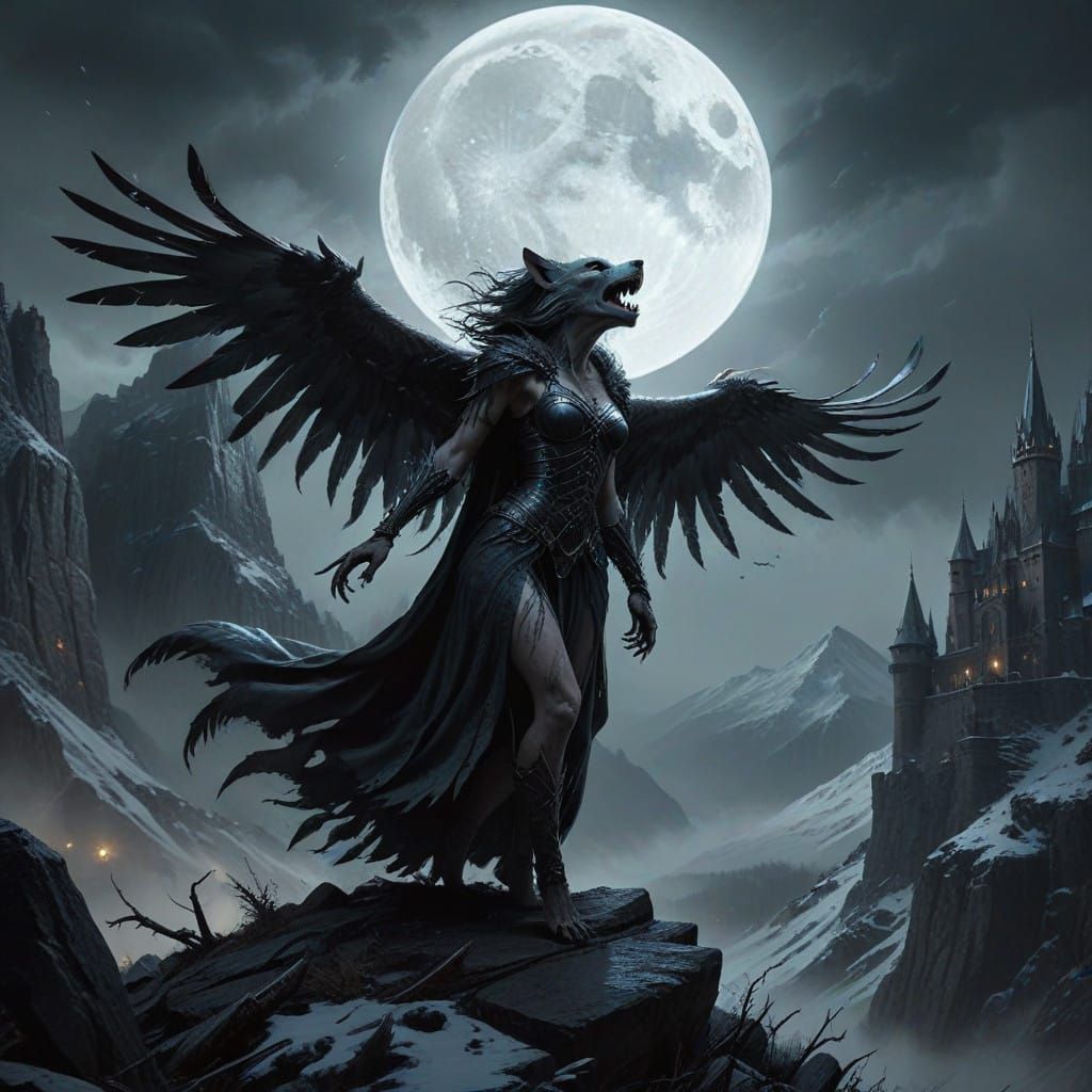 Mysterious Moonlit Werewolf Goddess Soars Through Gothic Ski...