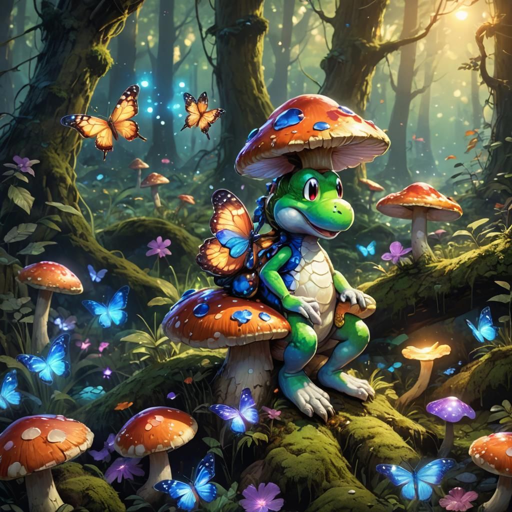 Yoshi and Iridescent Butterfly in Fantasy Forest