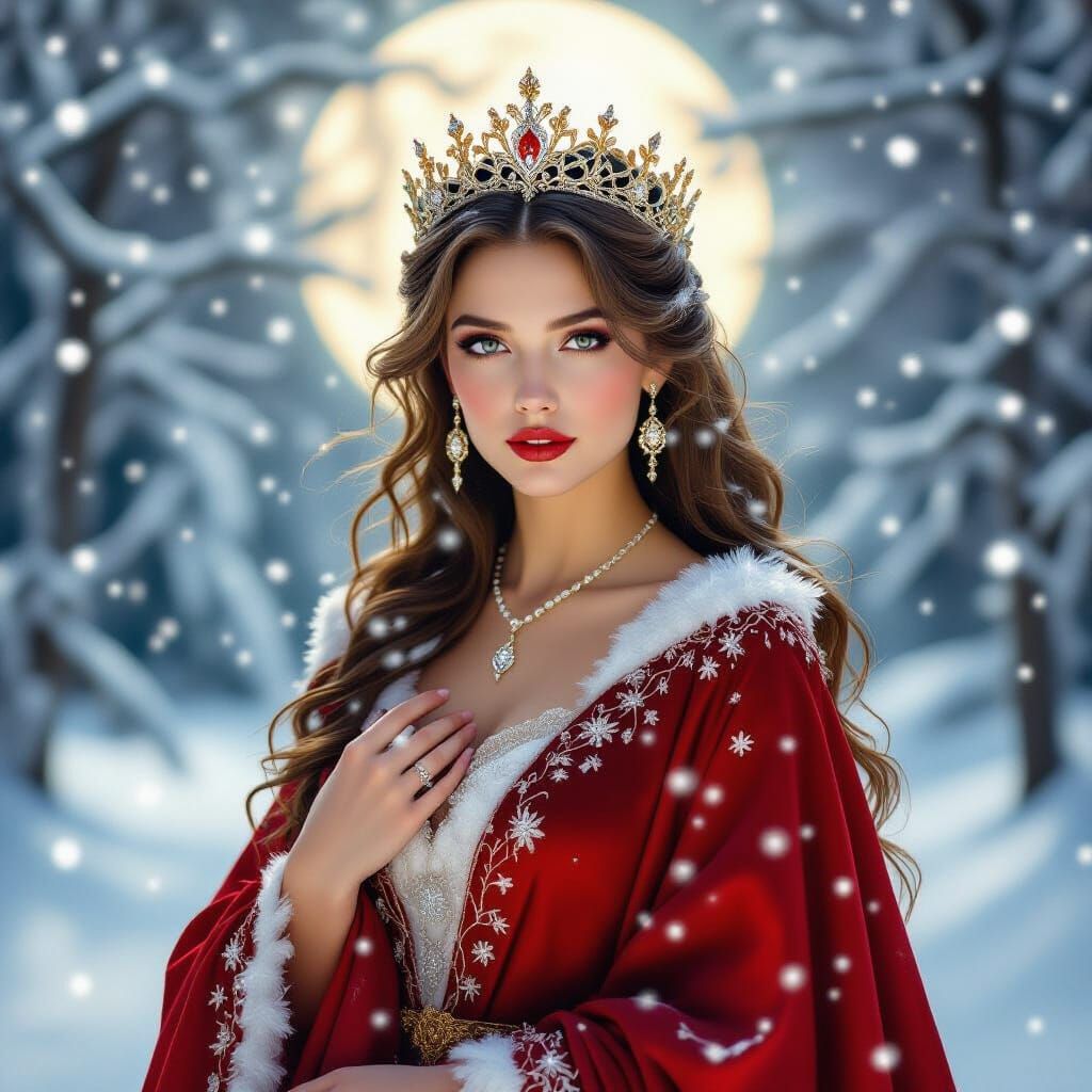 Ice Goddess in Crimson Robe Amidst Winter Wonderland